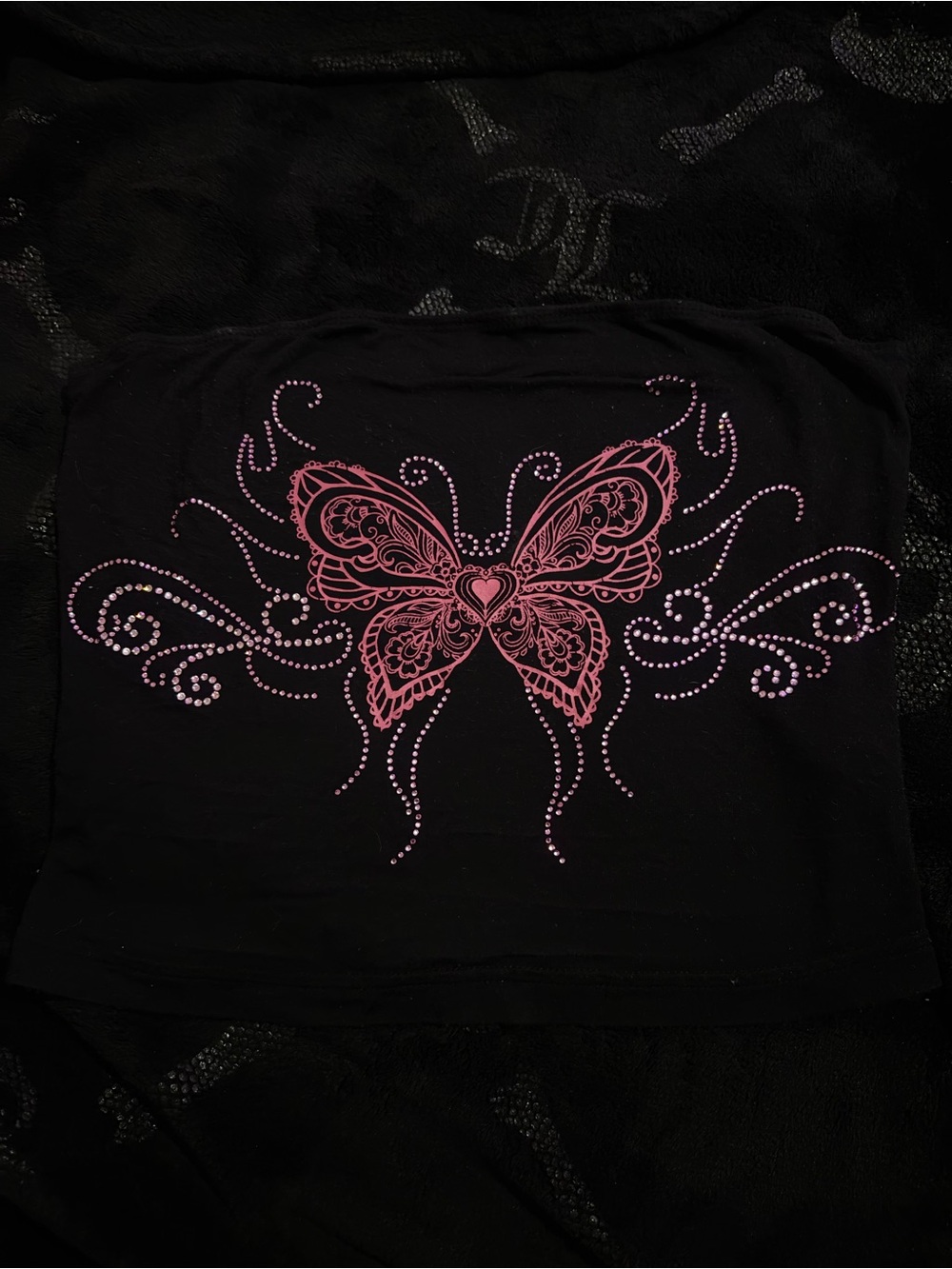 SHEIN Black Strapless Crop Top with Pink Butterfly Rhinestones
